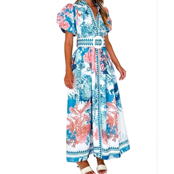 Garden Floral Button-Up Mock Neck Puff Sleeve Wide Belt Slit Front Maxi Dress - Picture 12 of 12